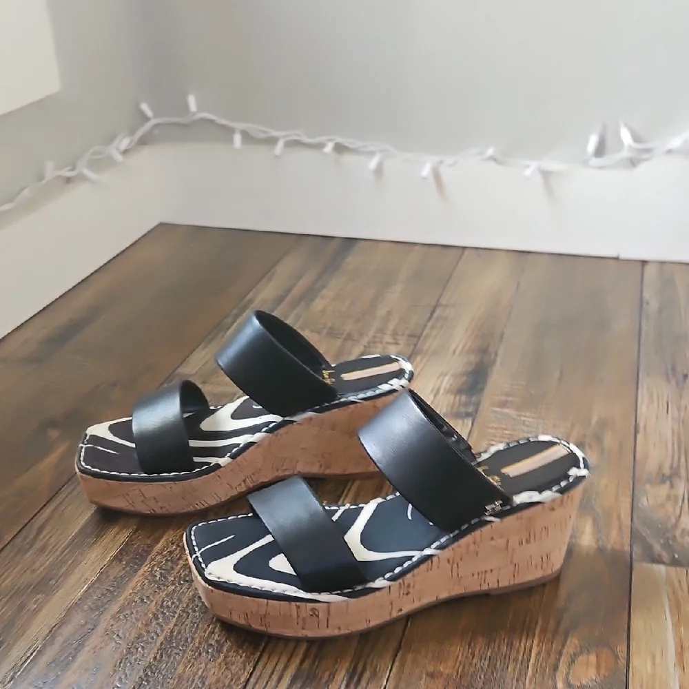 Sam Edelman Alissa Black ‎ and Tan Wedge Sandals
